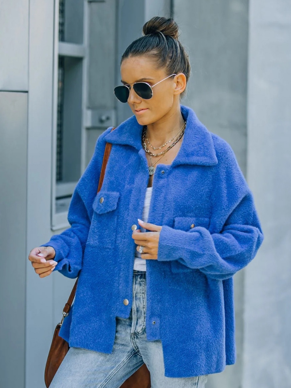 VICI - Bucketlist - Aiden Fuzzy Knit Shacket Blue Oversized Soft Cozy Jacket